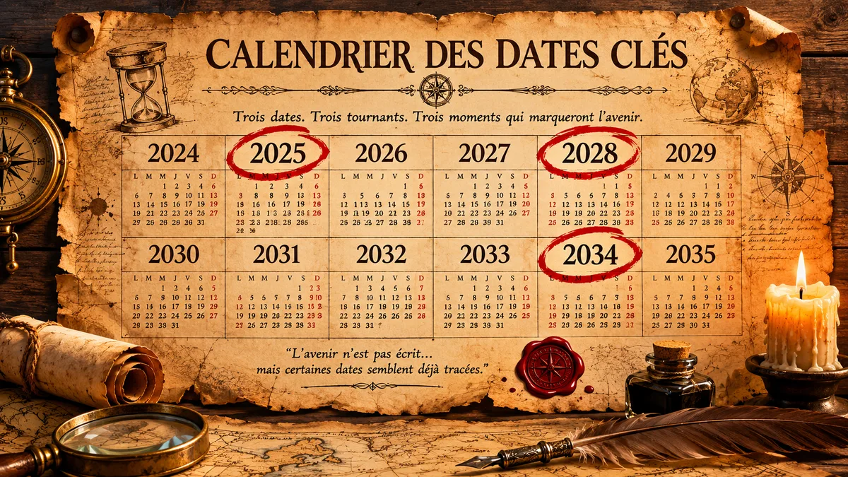Calendrier mural ancien avec dates 2025 2028 2034 entourées en rouge, illustration parchemin éditorial