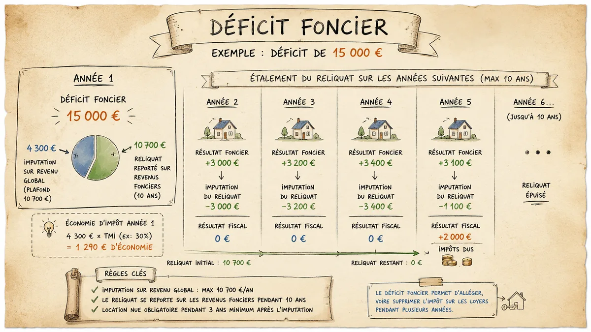 Graphique main levée — étalement du déficit foncier 15 000 € sur les années suivantes, parchemin