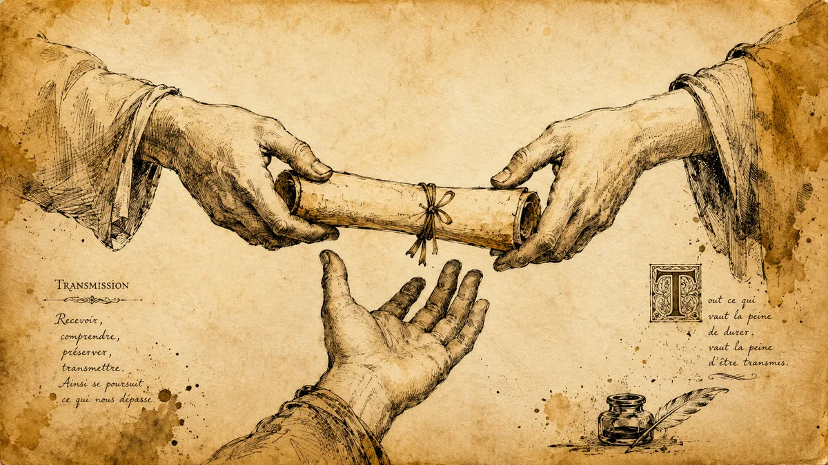 Deux mains qui en passent une troisième dans un geste de transmission, illustration éditoriale parchemin