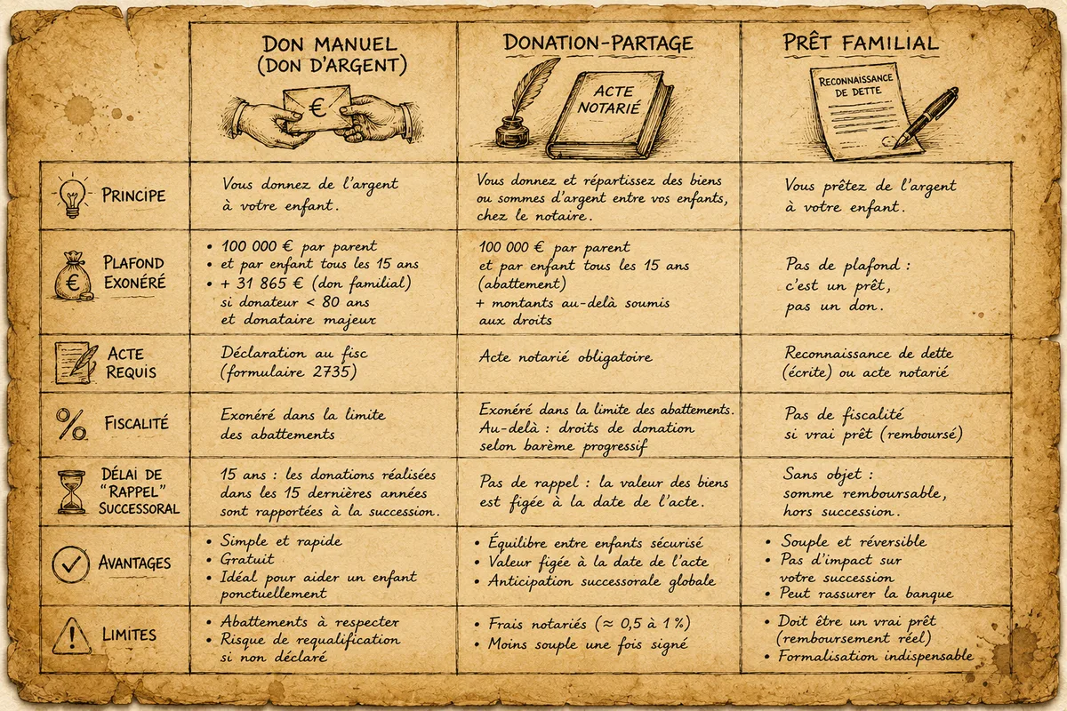 Tableau 3 colonnes main levée — don manuel, donation-partage, prêt familial, parchemin éditorial
