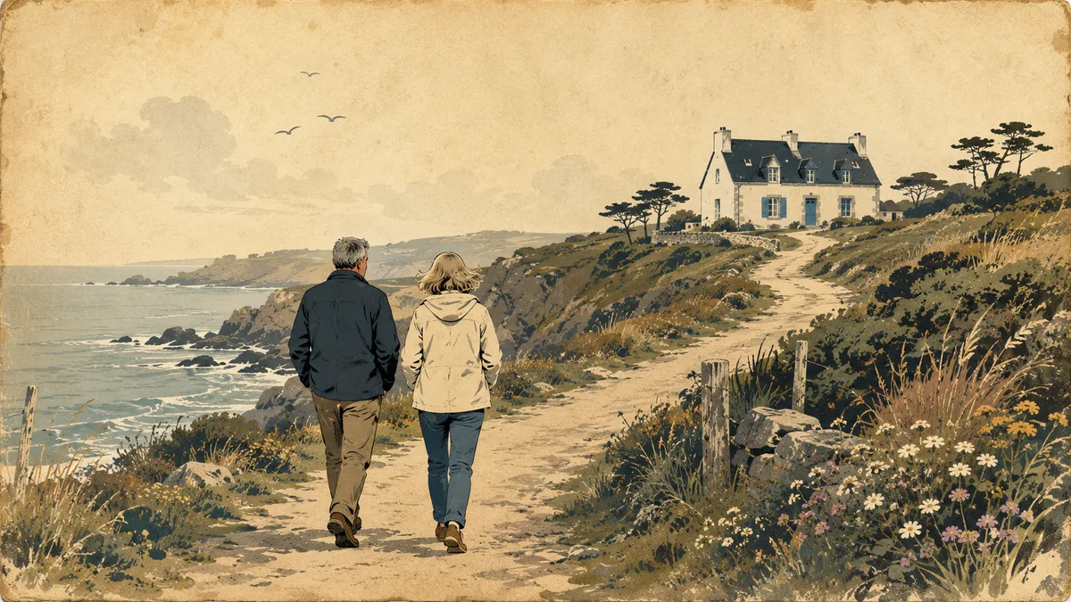 Couple de cinquantenaires marchant sur sentier côtier breton vers une maison stylisée, parchemin éditorial