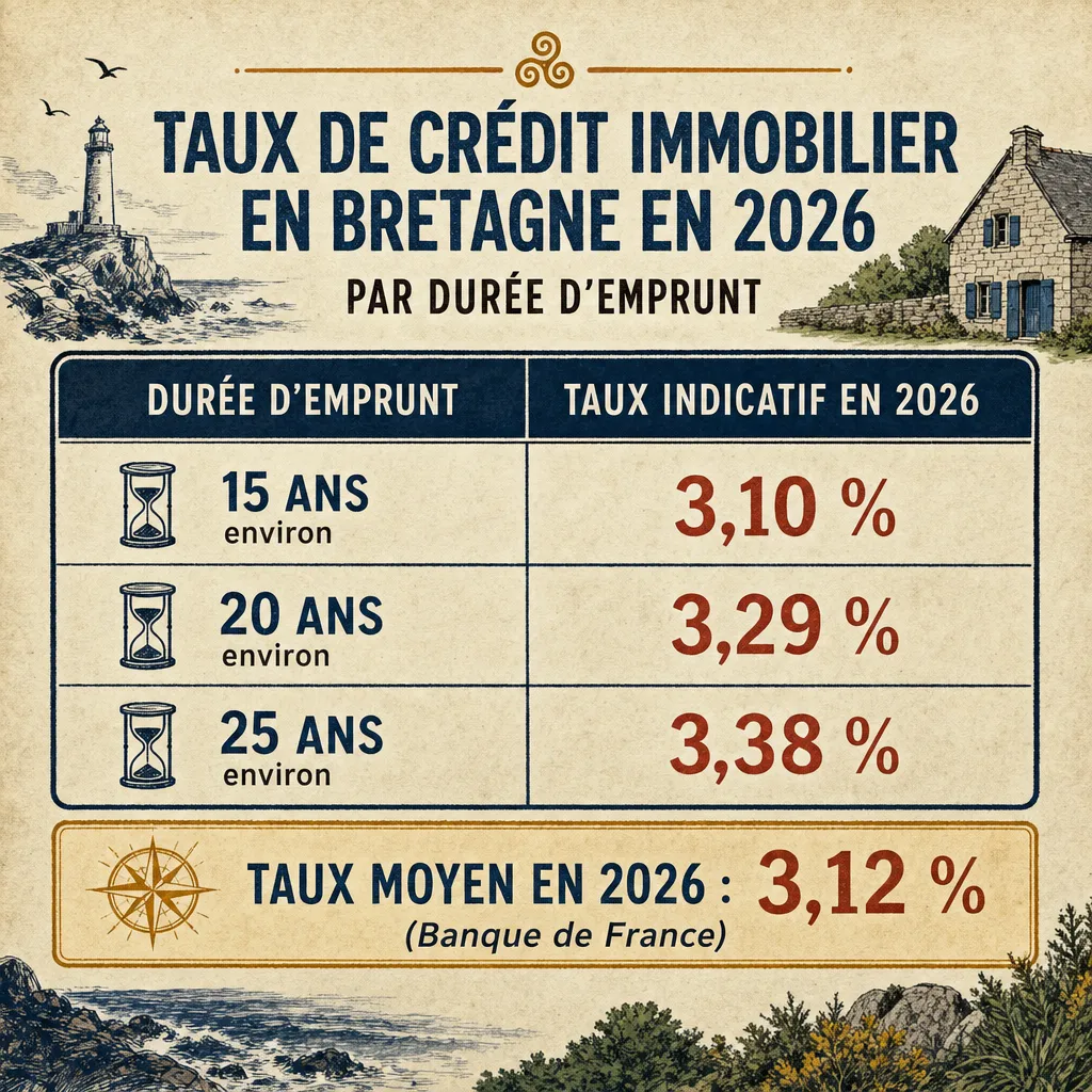 Tableau des taux de crédit immobilier en Bretagne par durée en 2026