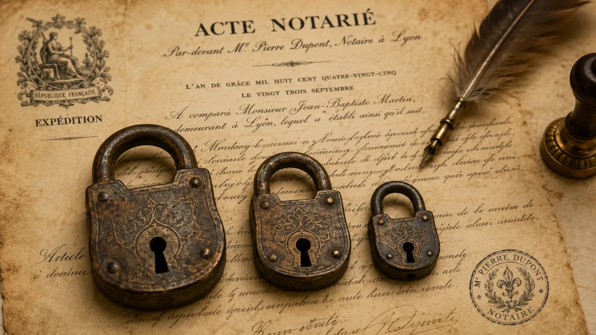Trois cadenas anciens de tailles différentes posés sur un acte notarié, illustration parchemin breton