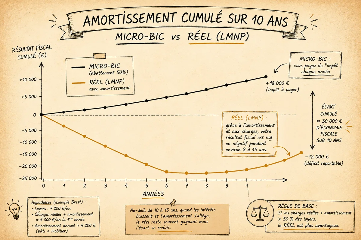 Graphique main levée — amortissement cumulé sur 10 ans, micro-BIC vs réel