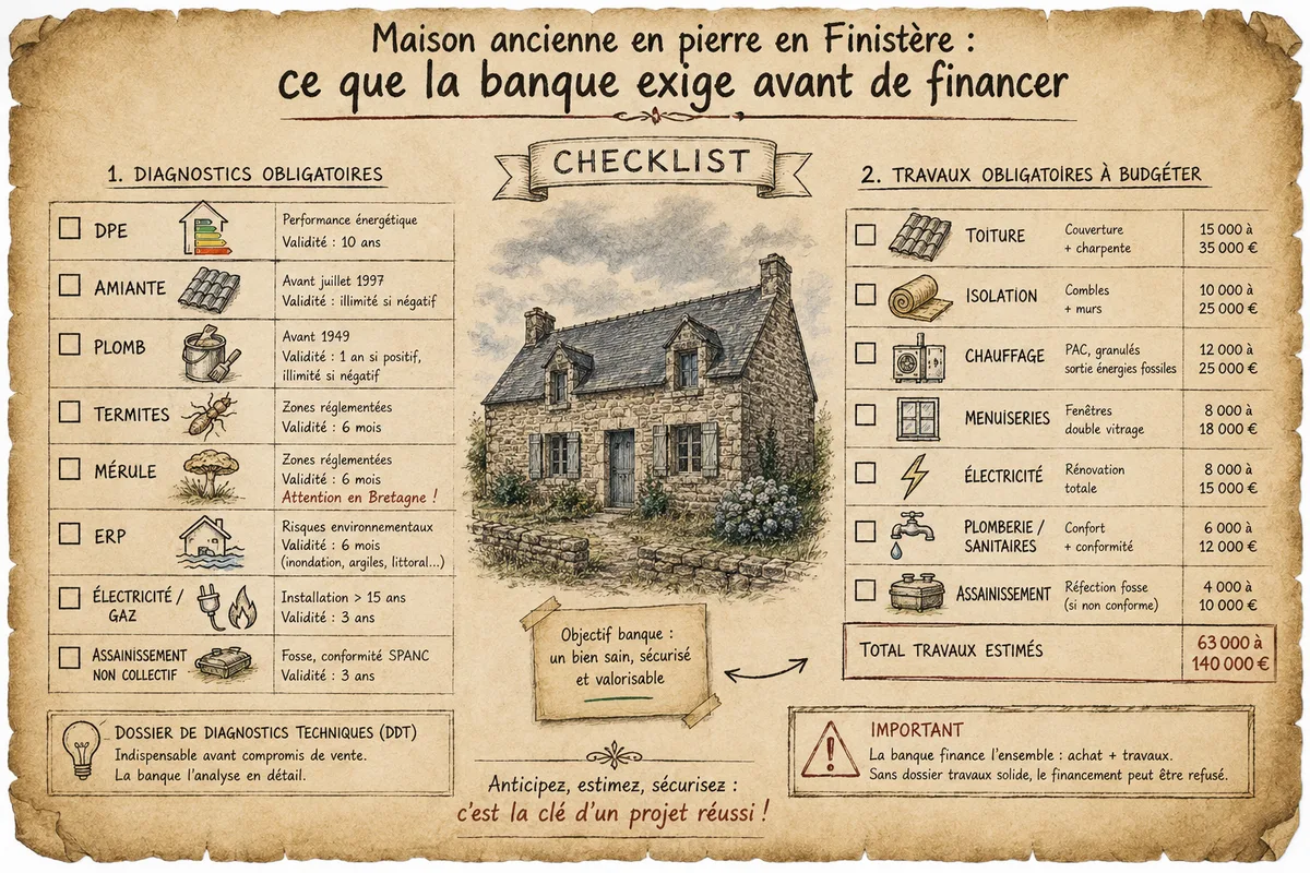 Checklist main levée — diagnostics + travaux obligatoires avant financement, parchemin éditorial