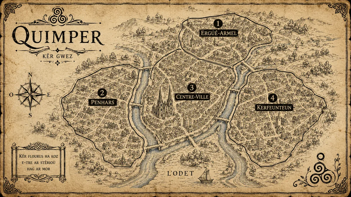 Carte stylisée de Quimper avec 4 quartiers marqués, illustration parchemin breton