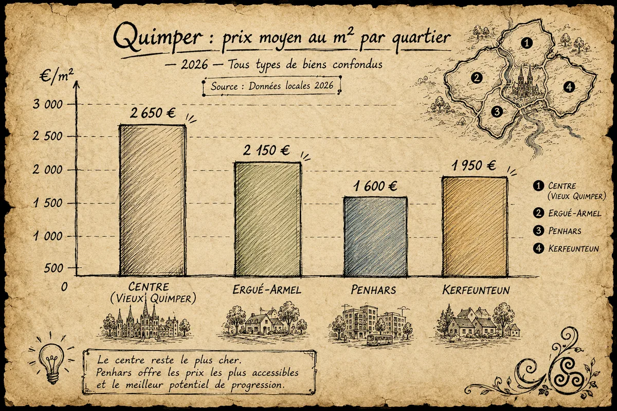 Graphique main levée — prix €/m² par quartier de Quimper, parchemin éditorial