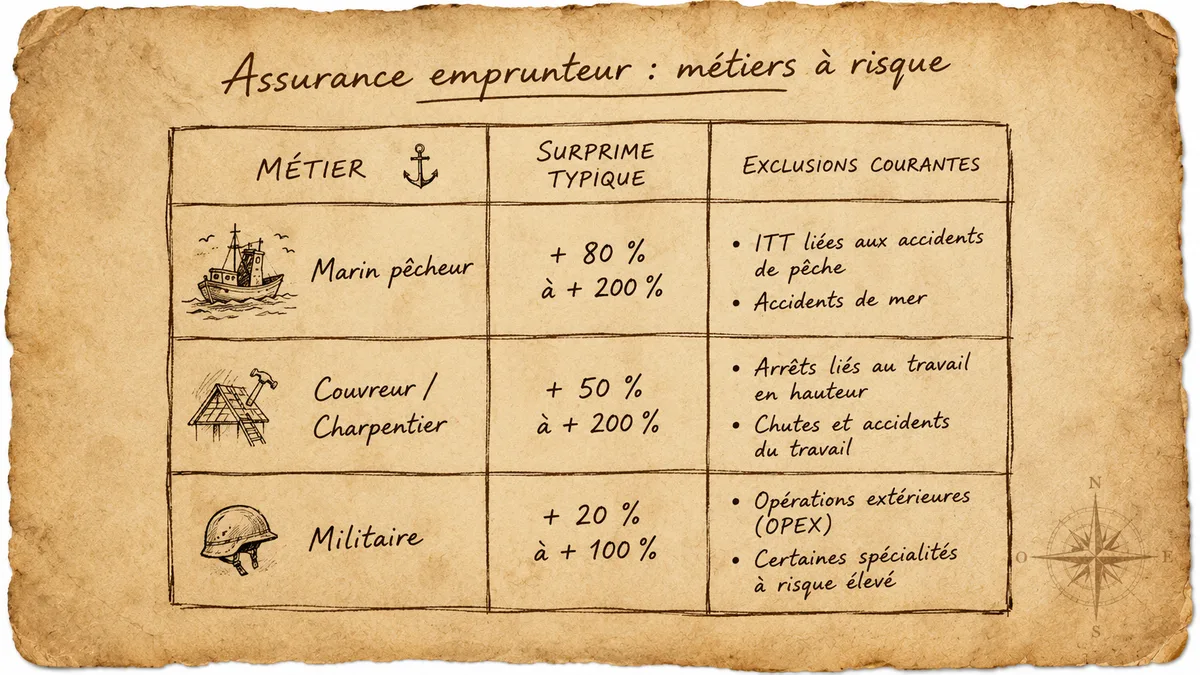 Tableau main levée — 3 métiers à risque et surprime typique + exclusions courantes, parchemin