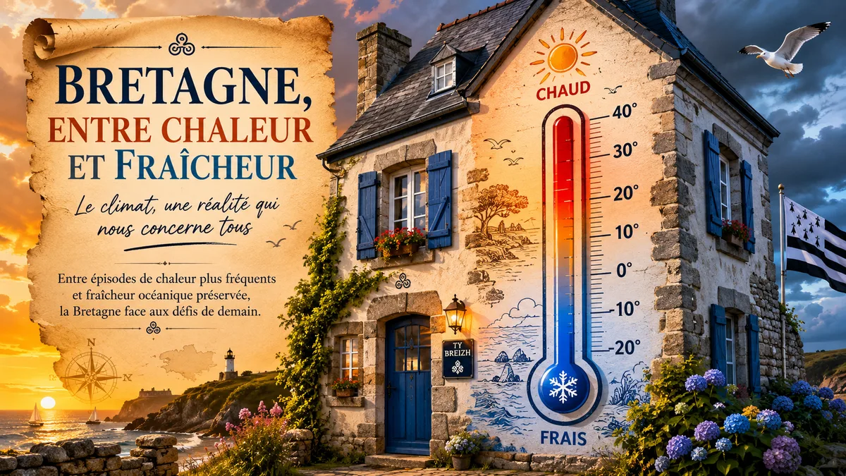 Maison bretonne avec grand thermomètre stylisé sur la façade en dégradé chaud-froid, illustration parchemin