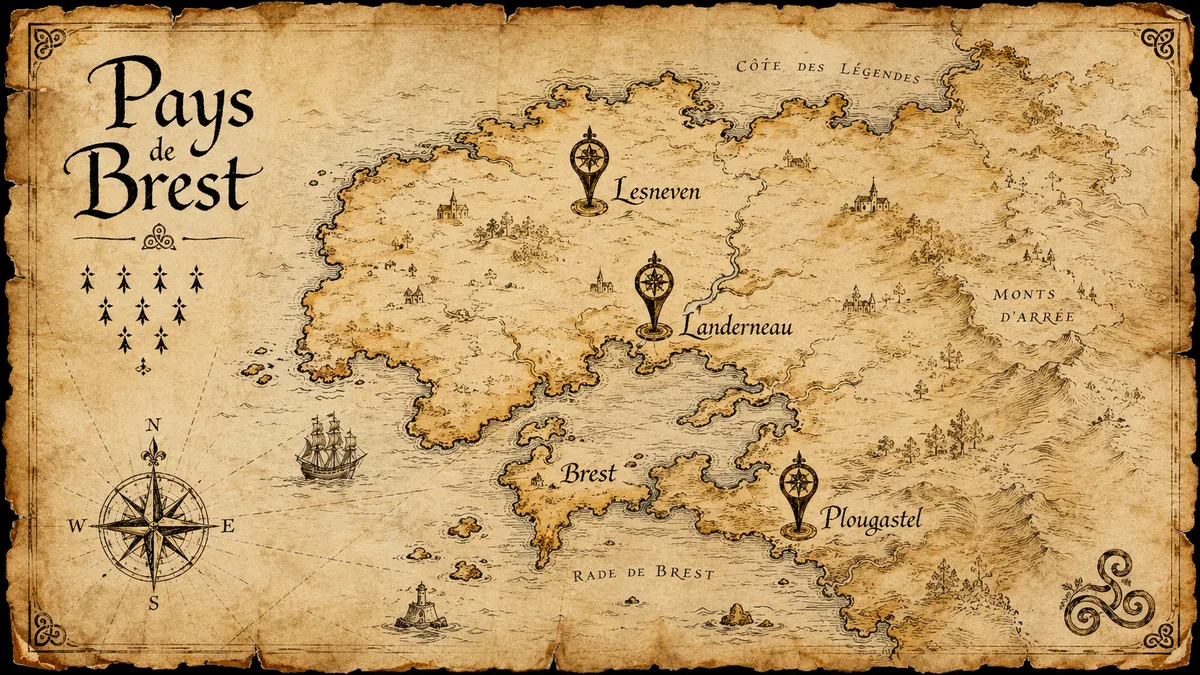 Carte stylisée du Pays de Brest avec marqueurs anciens Landerneau Lesneven Plougastel, parchemin breton