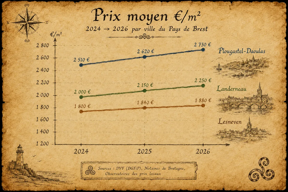 Graphique main levée — évolution du prix moyen €/m² 2024-2026 par ville, parchemin éditorial