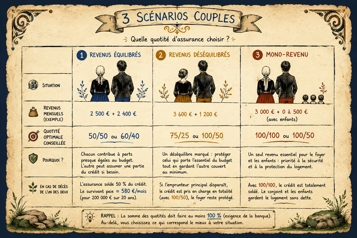 Trois scénarios couples — quotité optimale selon écart de revenus et présence d'enfants