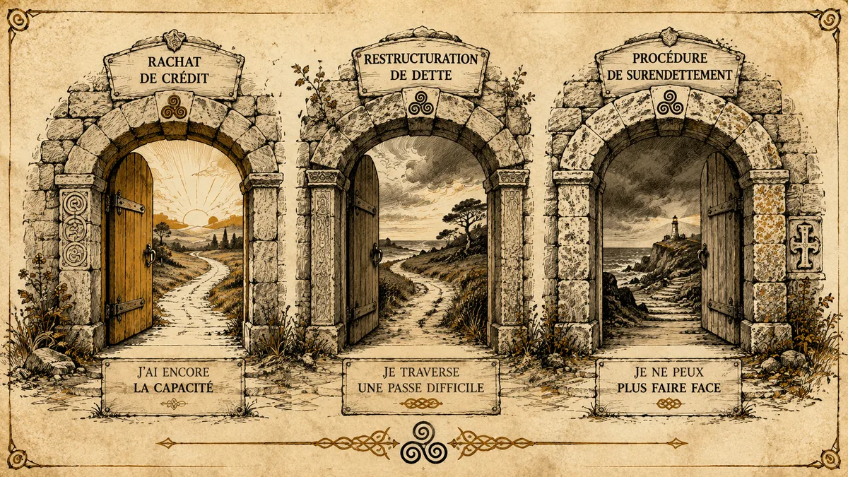 Trois portes anciennes ouvrant sur trois chemins différents, illustration éditoriale parchemin breton
