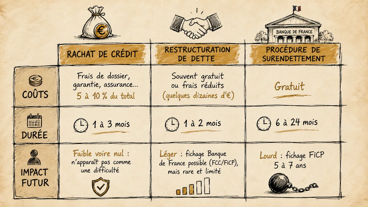 Tableau comparatif des trois solutions — rachat, restructuration, surendettement : coûts, durée, impact futur