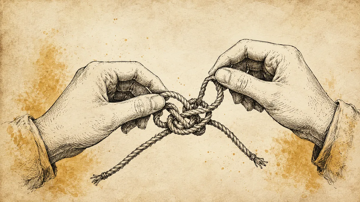 Deux mains qui défont un nœud sur fond parchemin, illustration éditoriale breton