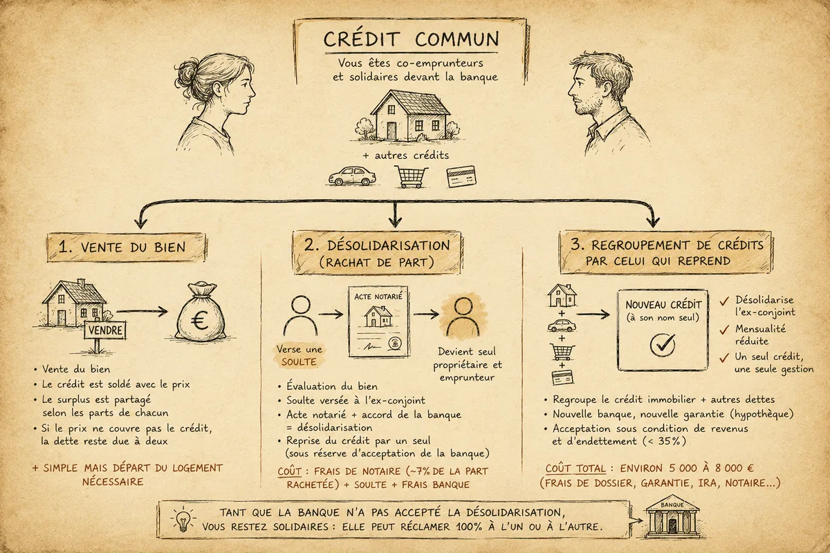 Schéma main levée — crédit commun puis trois issues possibles : vente, soulte, regroupement