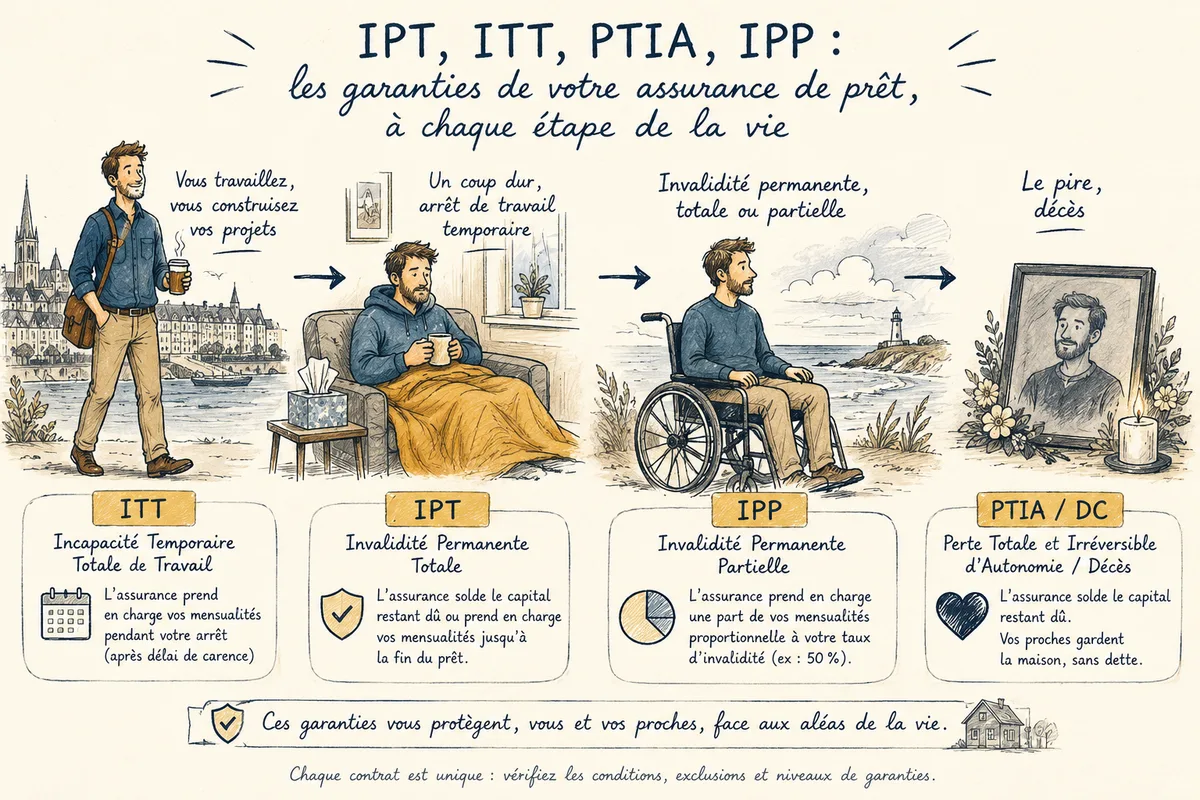 Personnage stylisé aux différents âges de vie professionnelle, avec les garanties associées à chaque étape