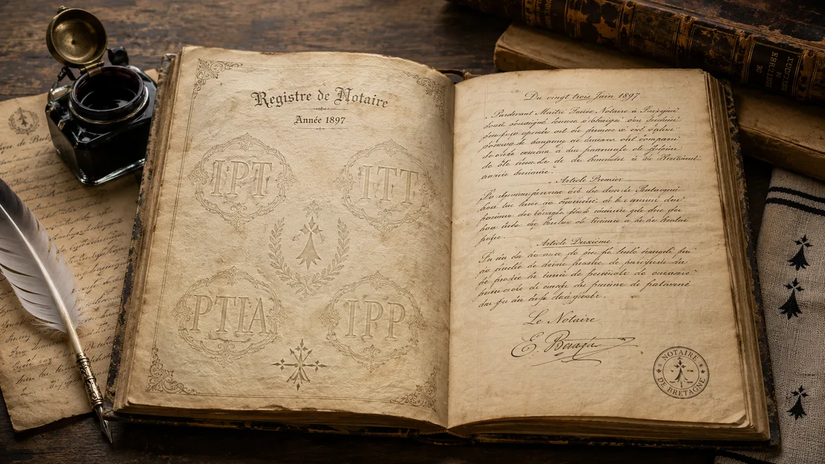 Vieux registre ouvert avec plume et encrier, lettres anciennes IPT ITT PTIA IPP en filigrane, parchemin breton