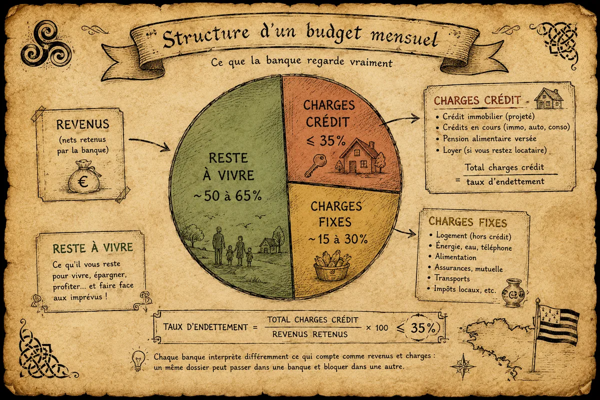 Diagramme main levée — structure d'un budget mensuel, parts charges fixes / charges crédit / reste à vivre
