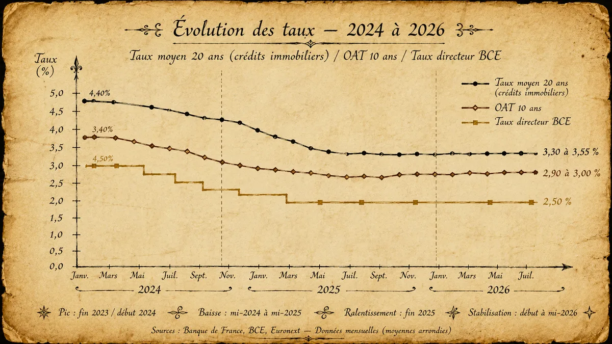 Graphique main levée — taux moyen 20 ans / OAT 10 ans / taux directeur BCE 2024 à 2026, parchemin