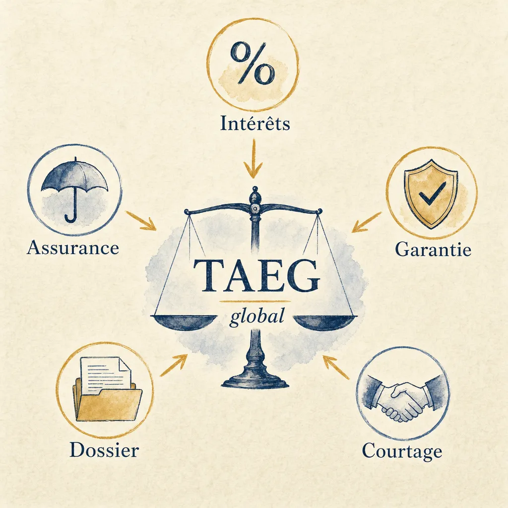 Schéma simple du TAEG avec cinq postes de coût : intérêts, assurance, garantie, dossier et courtage